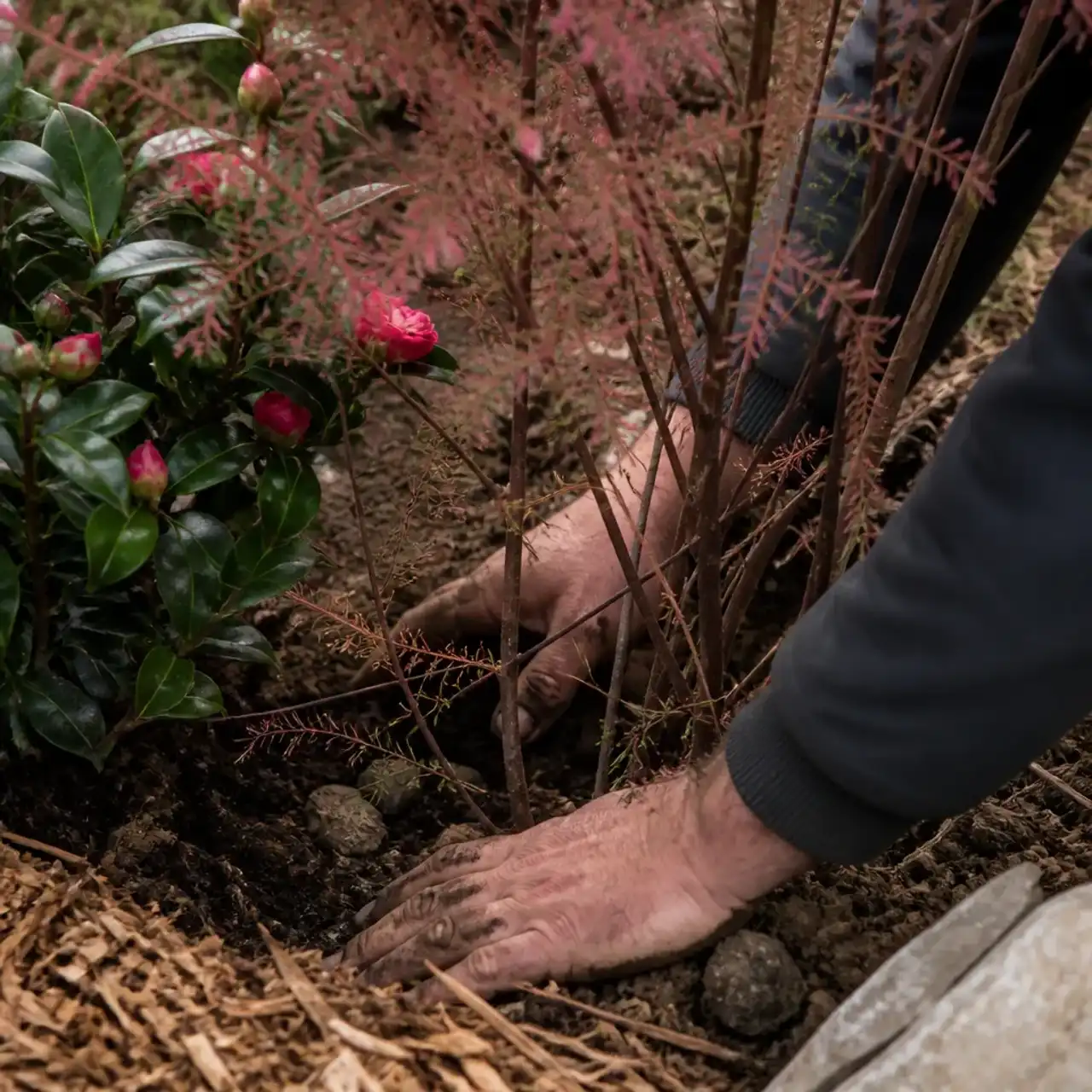 Gros plan sur une plantation de camélias et de tamaris en sol acide de schiste, paillage de broyat au pied et mains du paysagiste tassant la terre autour du sujet.