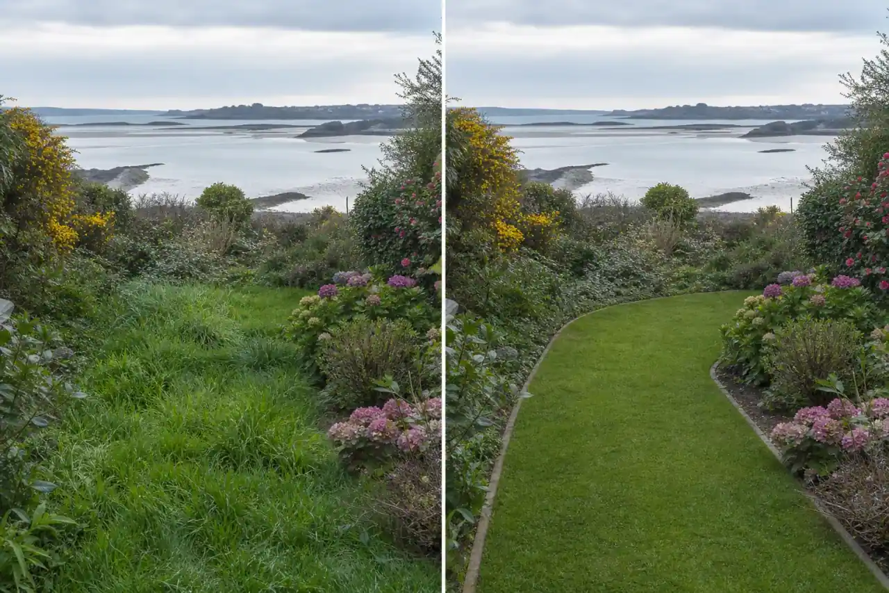 Bande avant/après d'un même jardin de faubourg briochin : à gauche pelouse haute et massif envahi, à droite pelouse tondue net et bordure au cordeau, même angle, même lumière.