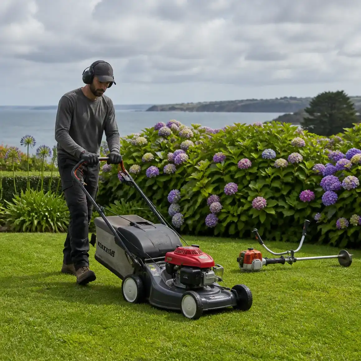 Jardinier tondant une pelouse dans un jardin de bord de mer près de Plérin, haie d'hortensias en fleurs derrière, embrun et ciel océanique changeant, matériel professionnel posé au sol.