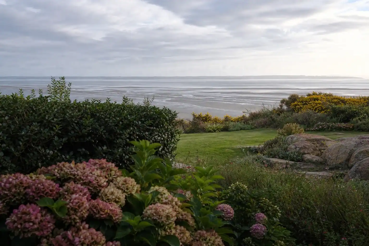 Jardin de bord de mer récemment créé en périphérie de Saint-Brieuc, ouvert sur la baie, haie brise-vent et massifs d'hortensias, horizon large sur la Manche, lumière océanique douce de fin de journée.