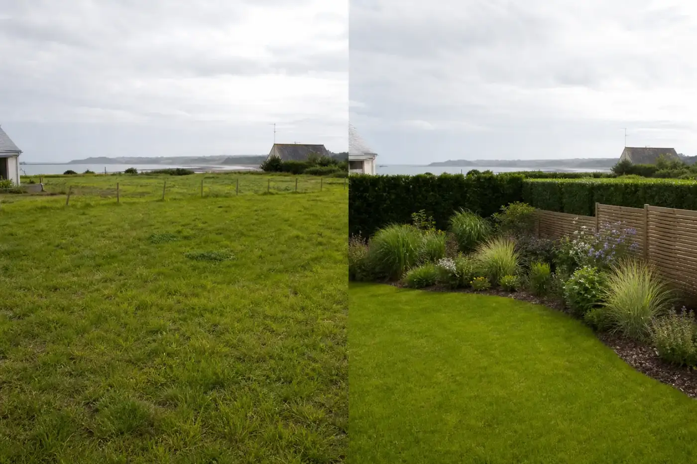 Photo avant-après d'un terrain ouvert au vent transformé en jardin abrité par une haie brise-vent et une clôture bois près de Saint-Brieuc.