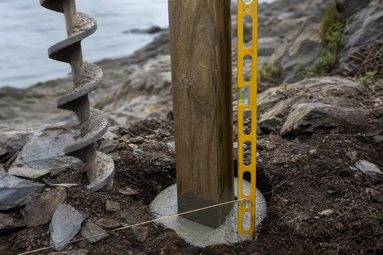 Gros plan sur le scellement d'un poteau de clôture dans un sol de schiste, tarière et niveau, chantier de bord de mer venté.