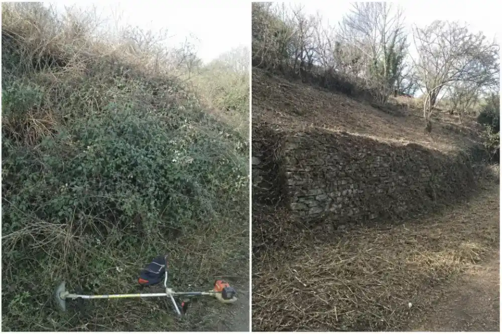 Vue avant-après d'un talus de vallée envahi de ronces puis dégagé, muret de schiste réapparu, matériel de débroussaillage léger posé au sol.