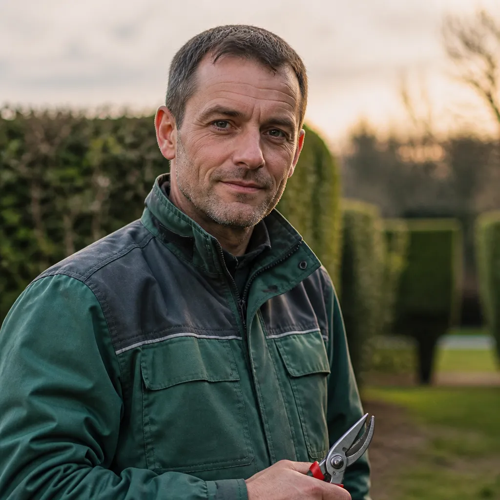 Portrait naturel en extérieur d'un homme d'une quarantaine d'années, veste de travail verte de jardinier, sécateur à la main, haie taillée floue en arrière-plan, expression sobre et confiante, cadrage buste, lumière douce de fin de journée, aucune retouche apparente.