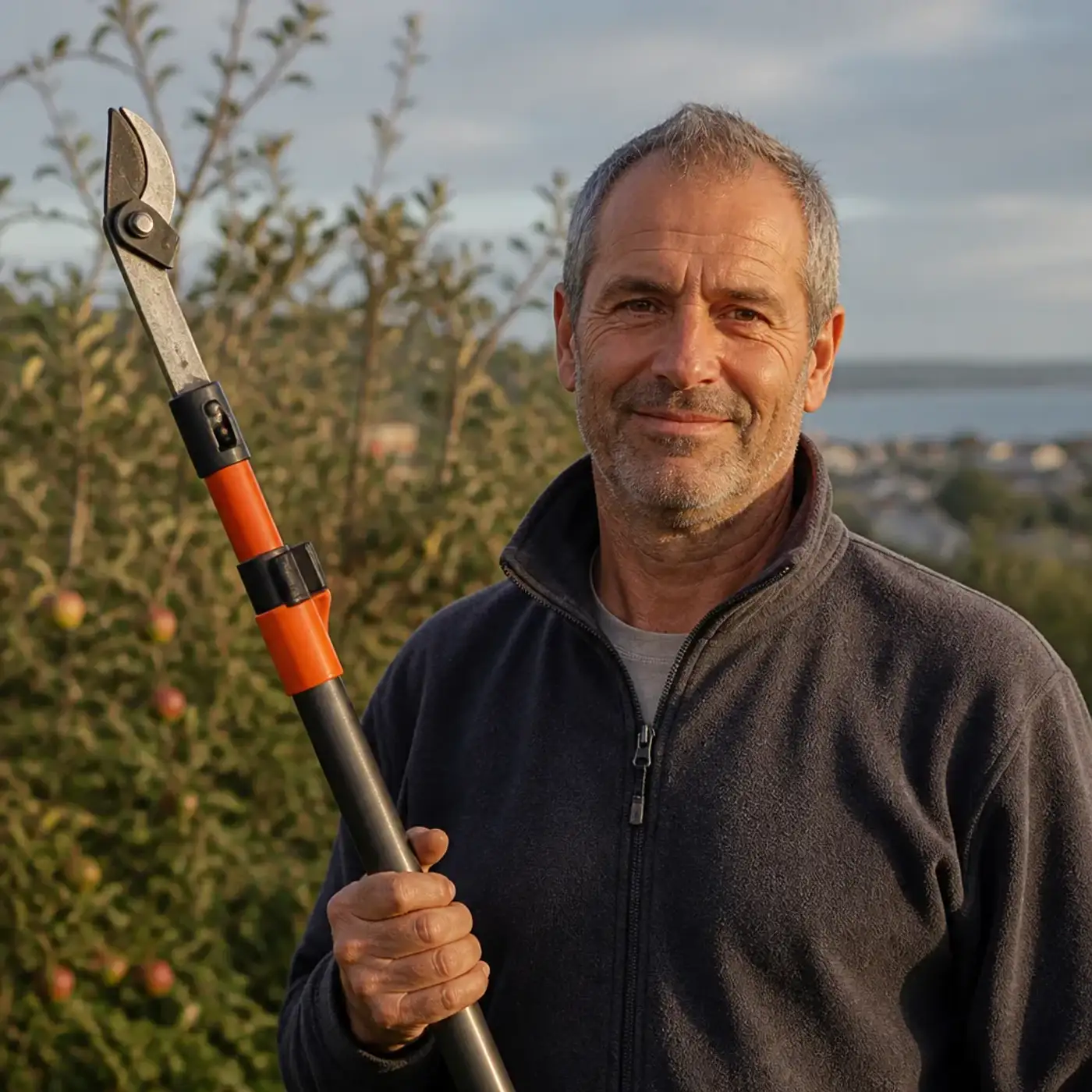 Portrait d'un homme d'une cinquantaine d'années, veste polaire de travail, une perche d'élagage à la main, arbre fruitier de jardin flou derrière lui, sourire discret, cadrage buste, lumière chaude.