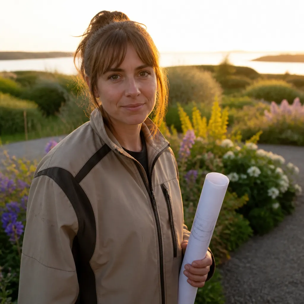 Portrait en extérieur d'une femme d'une trentaine d'années, veste de travail, un plan de jardin roulé à la main, massif fleuri de vivaces flou derrière elle, expression posée et avenante, cadrage buste, lumière de fin de journée.