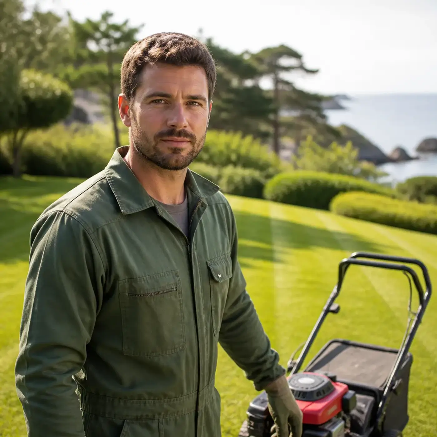 Portrait d'un homme d'une trentaine d'années en tenue de jardinier, debout près d'une tondeuse thermique, pelouse fraîchement tondue en arrière-plan flou, regard franc, cadrage buste, ambiance de matinée claire.