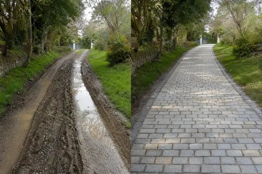 Photo avant-après d'une allée boueuse à ornières transformée en cheminement drainant en pavés de pierre bretonne près de Saint-Brieuc.